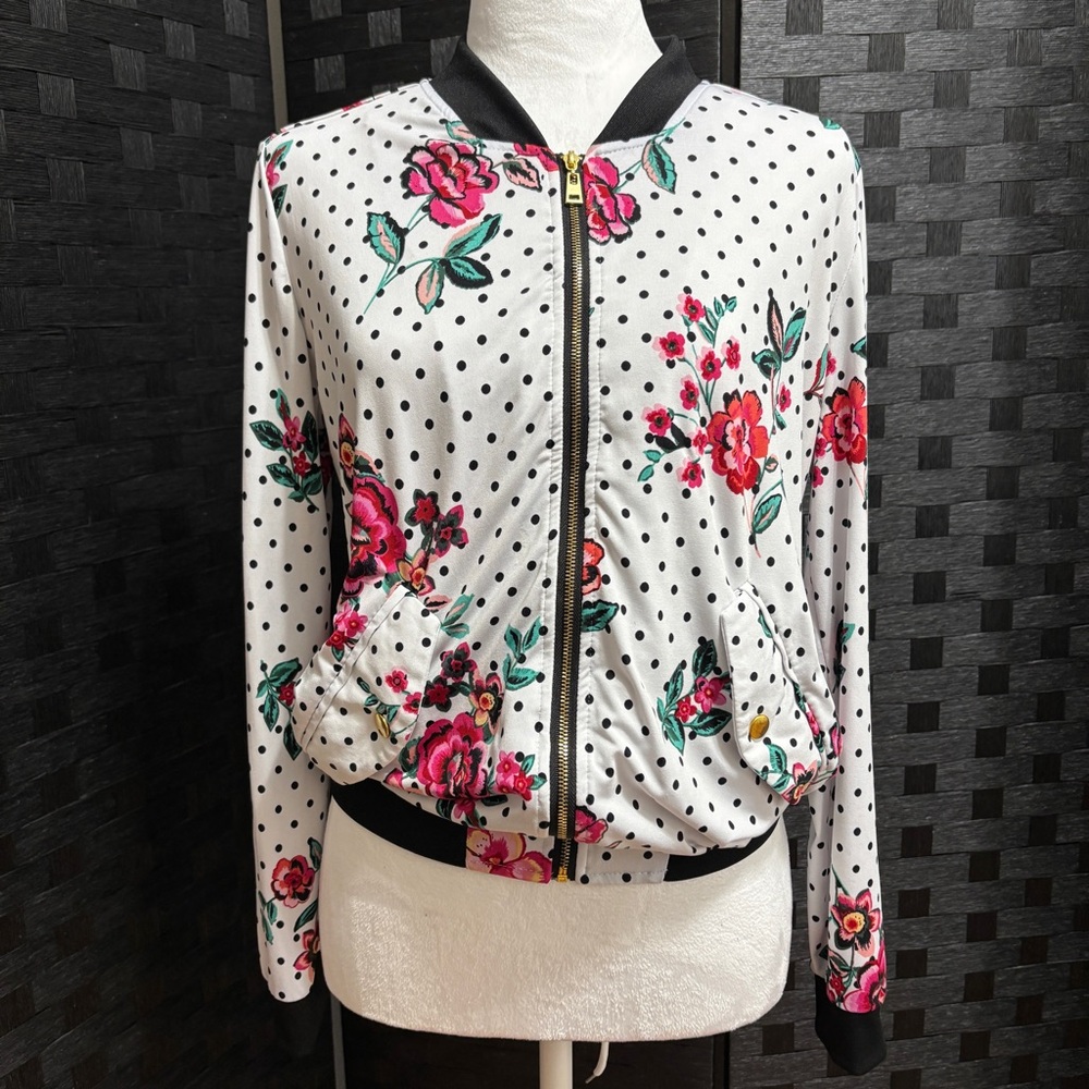 Robert Louis Bomber Jacket Women's Sz S Floral Polka-Dot Retro Y2K Sporty Casual